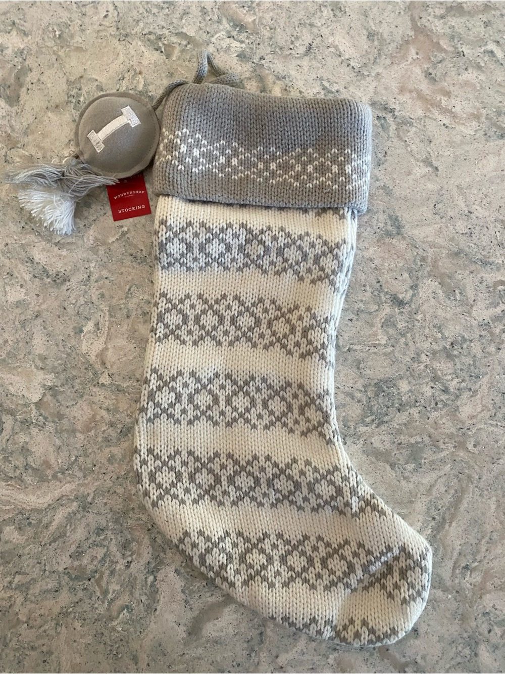 Wondershop (I) Cream and Gray Knitted Fair Isle Holiday Stocking with Tassel